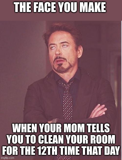 Moms are like | THE FACE YOU MAKE; WHEN YOUR MOM TELLS YOU TO CLEAN YOUR ROOM FOR THE 12TH TIME THAT DAY | image tagged in memes,face you make robert downey jr,moms | made w/ Imgflip meme maker