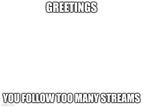 greetings, you follow too many streams | GREETINGS; YOU FOLLOW TOO MANY STREAMS | image tagged in i have no idea what i am doing | made w/ Imgflip meme maker