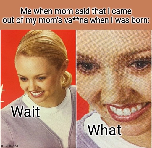 Yes, it's true | Me when mom said that I came out of my mom's va**na when I was born:; Wait; What | image tagged in wait what | made w/ Imgflip meme maker