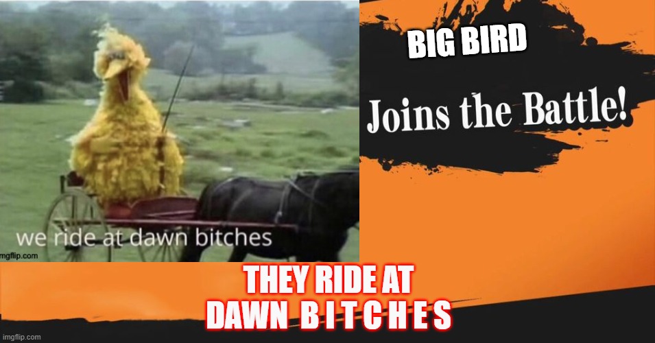 bid bird |  BIG BIRD; THEY RIDE AT DAWN  B I T C H E S | image tagged in joins the battle,super smash bros,lol | made w/ Imgflip meme maker