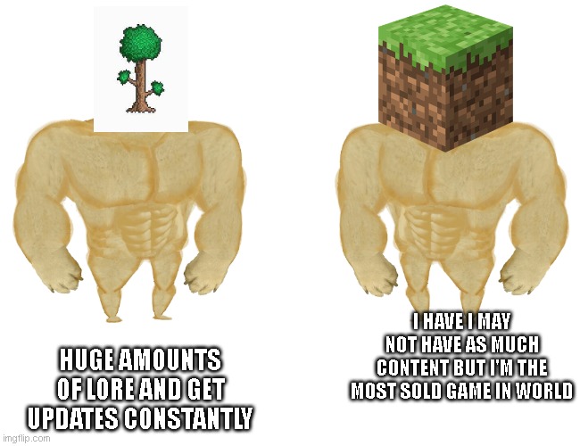 Two Buff doges | I HAVE I MAY NOT HAVE AS MUCH CONTENT BUT I'M THE MOST SOLD GAME IN WORLD; HUGE AMOUNTS OF LORE AND GET UPDATES CONSTANTLY | image tagged in two buff doges | made w/ Imgflip meme maker