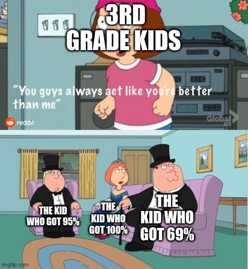 You Guys always act like you're better than me |  3RD GRADE KIDS; THE KID WHO GOT 69%; THE KID WHO GOT 95%; THE KID WHO GOT 100% | image tagged in you guys always act like you're better than me | made w/ Imgflip meme maker