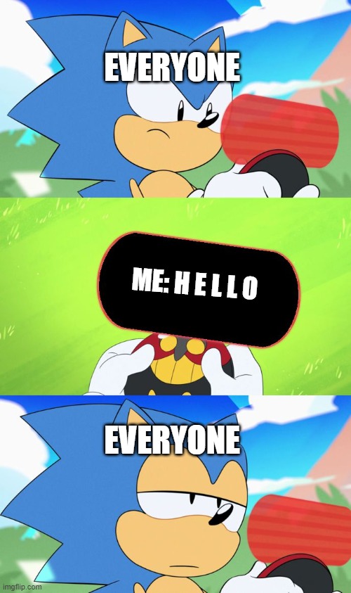 happens every dang time | EVERYONE; ME: H E L L O; EVERYONE | image tagged in sonic dumb message meme | made w/ Imgflip meme maker