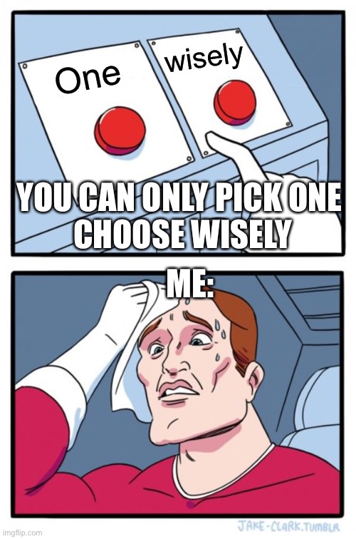 Two Buttons Meme | wisely; One; YOU CAN ONLY PICK ONE 
CHOOSE WISELY; ME: | image tagged in memes,two buttons | made w/ Imgflip meme maker