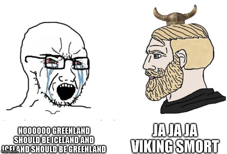 Soyboy Vs Yes Chad | JA JA JA VIKING SMORT; NOOOOOO GREENLAND SHOULD BE ICELAND AND ICELAND SHOULD BE GREENLAND | image tagged in soyboy vs yes chad | made w/ Imgflip meme maker