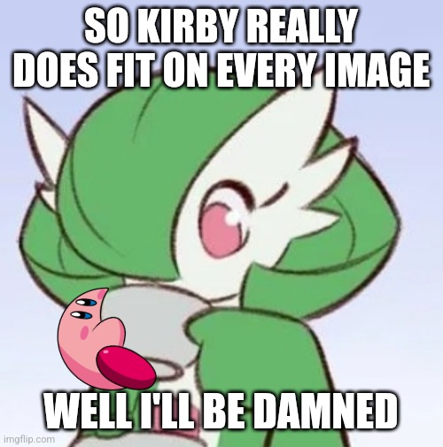 Lol | SO KIRBY REALLY DOES FIT ON EVERY IMAGE; WELL I'LL BE DAMNED | image tagged in gardevoir sipping tea | made w/ Imgflip meme maker