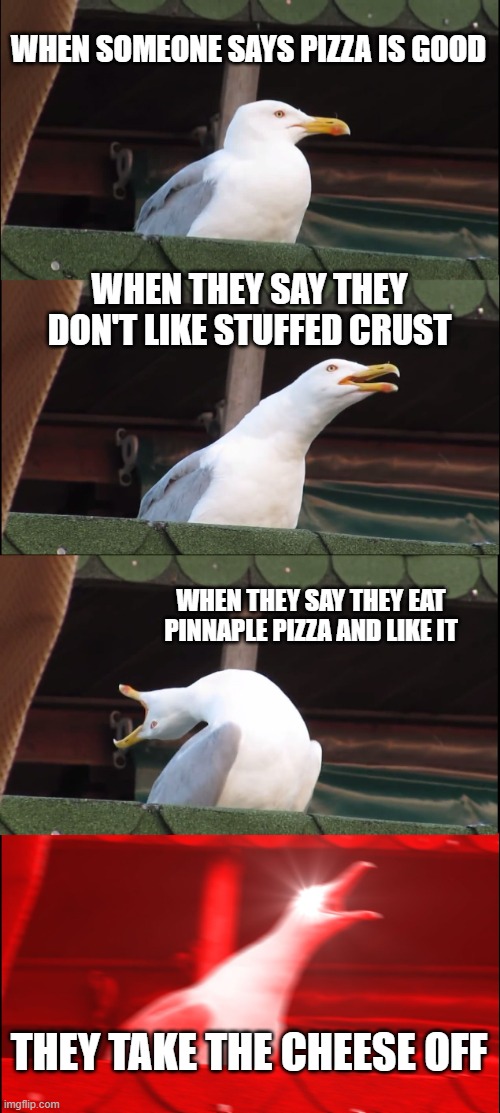 pizza | WHEN SOMEONE SAYS PIZZA IS GOOD; WHEN THEY SAY THEY DON'T LIKE STUFFED CRUST; WHEN THEY SAY THEY EAT PINNAPLE PIZZA AND LIKE IT; THEY TAKE THE CHEESE OFF | image tagged in memes,inhaling seagull | made w/ Imgflip meme maker