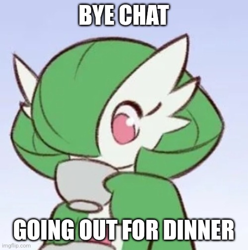 Bye | BYE CHAT; GOING OUT FOR DINNER | image tagged in gardevoir sipping tea | made w/ Imgflip meme maker