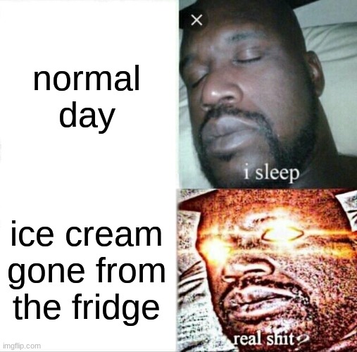 wtf! why is it gone! | normal day; ice cream gone from the fridge | image tagged in memes,sleeping shaq | made w/ Imgflip meme maker