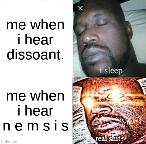 hortas is a great artist, go sub to him, please I beg of you. | me when i hear dissoant. me when i hear n e m s i s | image tagged in memes,sleeping shaq | made w/ Imgflip meme maker