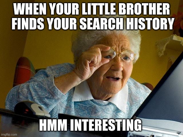 Grandma Finds The Internet Meme | WHEN YOUR LITTLE BROTHER  FINDS YOUR SEARCH HISTORY; HMM INTERESTING | image tagged in memes,grandma finds the internet | made w/ Imgflip meme maker