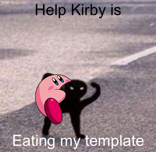 Cursed cat temp | Help Kirby is; Eating my template | image tagged in cursed cat temp | made w/ Imgflip meme maker