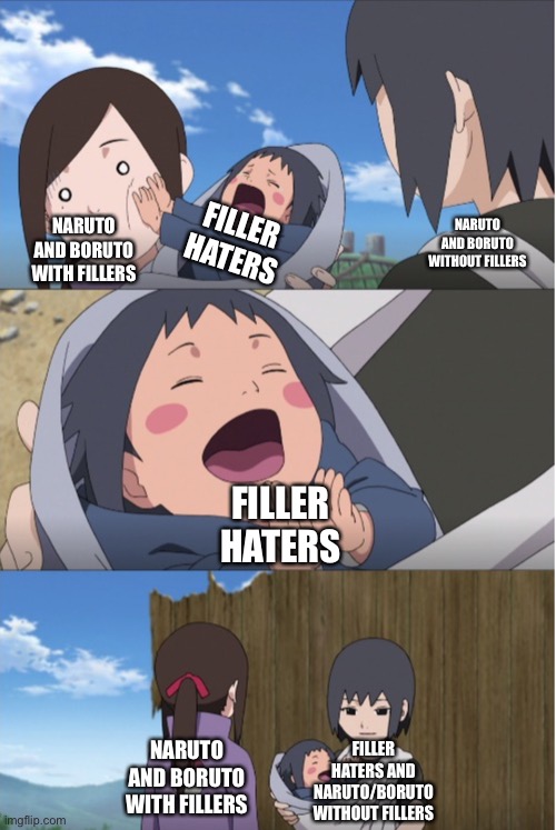 Just imagine, this is what the filler haters want. As of me, I don’t hate fillers | NARUTO AND BORUTO WITHOUT FILLERS; FILLER HATERS; NARUTO AND BORUTO WITH FILLERS; FILLER HATERS; NARUTO AND BORUTO WITH FILLERS; FILLER HATERS AND NARUTO/BORUTO WITHOUT FILLERS | image tagged in baby sasuke,itachi,sasuke,memes,fillers,naruto shippuden | made w/ Imgflip meme maker