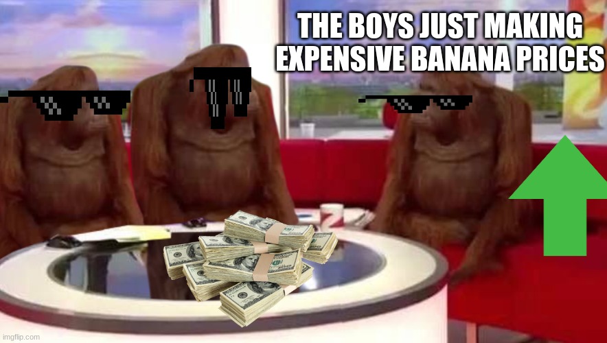 where monkey | THE BOYS JUST MAKING EXPENSIVE BANANA PRICES | image tagged in where monkey | made w/ Imgflip meme maker