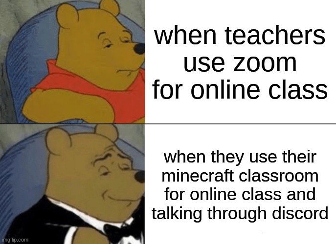 Tuxedo Winnie The Pooh | when teachers use zoom for online class; when they use their minecraft classroom for online class and talking through discord | image tagged in memes,tuxedo winnie the pooh | made w/ Imgflip meme maker