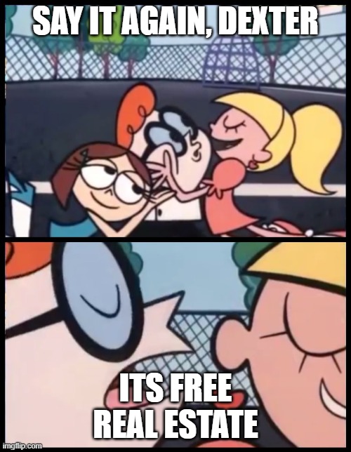 clever title | SAY IT AGAIN, DEXTER; ITS FREE REAL ESTATE | image tagged in memes,say it again dexter | made w/ Imgflip meme maker