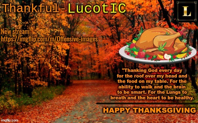 new stream!!! | New stream:
https://imgflip.com/m/Offensive-images | image tagged in lucotic thanksgiving announcement temp 11 | made w/ Imgflip meme maker
