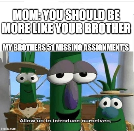 Based on a Real Story | MOM: YOU SHOULD BE MORE LIKE YOUR BROTHER; MY BROTHERS 51 MISSING ASSIGNMENT'S | image tagged in allow us to introduce ourselves | made w/ Imgflip meme maker