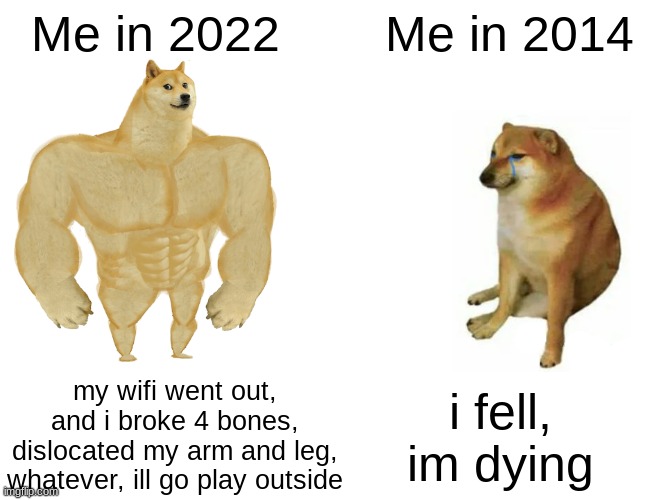 Me now vs Me then | Me in 2022; Me in 2014; my wifi went out, and i broke 4 bones, dislocated my arm and leg, whatever, ill go play outside; i fell, im dying | image tagged in memes,buff doge vs cheems,2022,2014,e | made w/ Imgflip meme maker