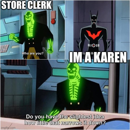 Do You Have the Slightest Idea How Little That Narrows It Down? | STORE CLERK; IM A KAREN | image tagged in do you have the slightest idea how little that narrows it down | made w/ Imgflip meme maker