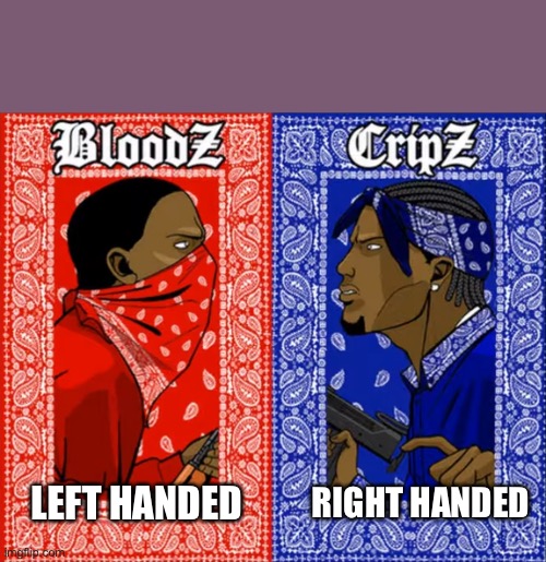 Which are you? Comment below. | RIGHT HANDED; LEFT HANDED | image tagged in blood vs crips | made w/ Imgflip meme maker