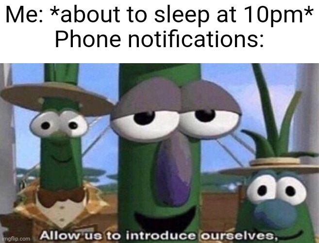 Soooo annoying. You just trying to get some sleep and the chat go brrrrrrrr | Me: *about to sleep at 10pm*
Phone notifications: | image tagged in veggietales 'allow us to introduce ourselfs' | made w/ Imgflip meme maker