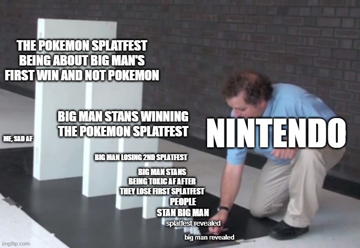 WHY WHY WHY WHY #BIGMANSWEEPISBADANDCRINGE (Im probably gonna get a lot of downvotes) | THE POKEMON SPLATFEST BEING ABOUT BIG MAN'S FIRST WIN AND NOT POKEMON; BIG MAN STANS WINNING THE POKEMON SPLATFEST; NINTENDO; ME, SAD AF; BIG MAN LOSING 2ND SPLATFEST; BIG MAN STANS BEING TOXIC AF AFTER THEY LOSE FIRST SPLATFEST; PEOPLE STAN BIG MAN; First splatfest revealed; big man revealed | image tagged in domino effect | made w/ Imgflip meme maker