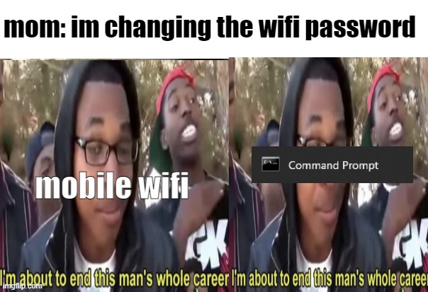 to people that dont get the command prompt joke with it you can hack wifi passwords | mom: im changing the wifi password; mobile wifi | image tagged in im gonna end this mans whole career,parents,wifi,meme,funny,mobile | made w/ Imgflip meme maker