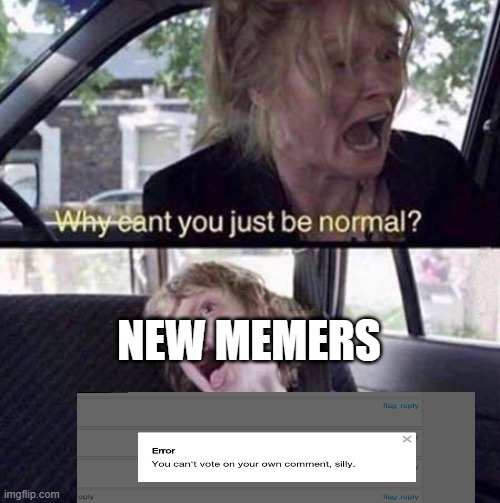 Why Can't You Just Be Normal | NEW MEMERS | image tagged in why can't you just be normal | made w/ Imgflip meme maker