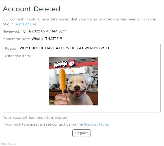 Bro I got banned for this | 11/13/2022 02:43:AM; What is THAT??!?! WHY DOES HE HAVE A CORN DOG AT WENDYS WTH | image tagged in banned from roblox 2021 edition | made w/ Imgflip meme maker