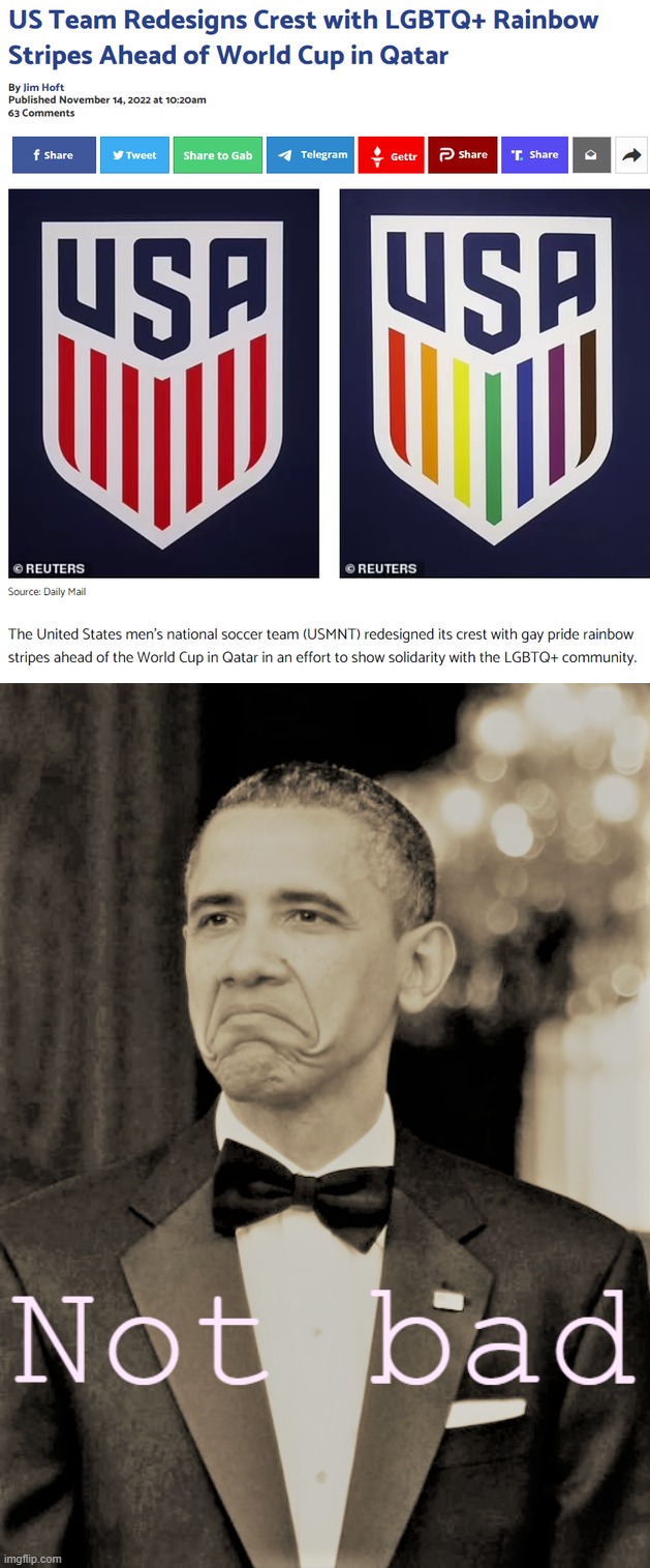 image tagged in us team redesigns crest with lgbtq rainbow stripes,barack obama not bad retro | made w/ Imgflip meme maker