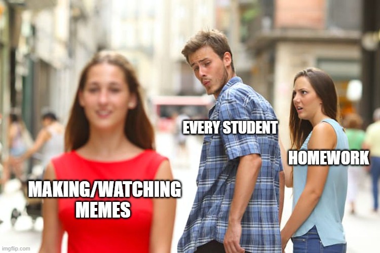 Distracted Boyfriend | EVERY STUDENT; HOMEWORK; MAKING/WATCHING MEMES | image tagged in memes,distracted boyfriend | made w/ Imgflip meme maker