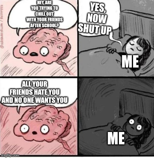 Trying to sleep | YES, NOW SHUT UP; HEY, ARE YOU TRYING TO CHILL OUT WITH YOUR FRIENDS AFTER SCHOOL? ME; ALL YOUR FRIENDS HATE YOU AND NO ONE WANTS YOU; ME | image tagged in trying to sleep,social anxiety,anxiety | made w/ Imgflip meme maker