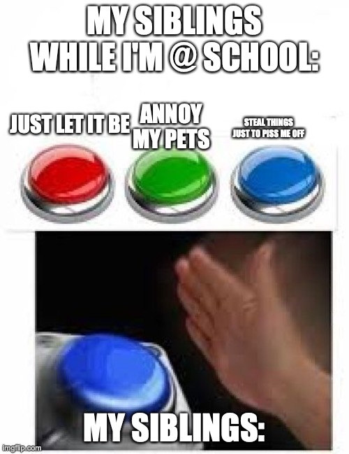 Literally everyones siblings | MY SIBLINGS WHILE I'M @ SCHOOL:; ANNOY MY PETS; JUST LET IT BE; STEAL THINGS JUST TO PISS ME OFF; MY SIBLINGS: | image tagged in red green blue buttons | made w/ Imgflip meme maker