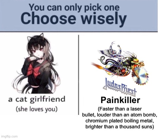 Choose wisely |  Painkiller; (Faster than a laser bullet, louder than an atom bomb, chromium plated boiling metal, brighter than a thousand suns) | image tagged in choose wisely,heavy metal,metal,judas priest | made w/ Imgflip meme maker