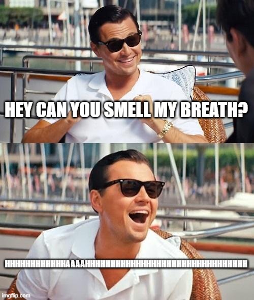 Leonardo Dicaprio Wolf Of Wall Street Meme | HEY CAN YOU SMELL MY BREATH? HHHHHHHHHHHHAAAAHHHHHHHHHHHHHHHHHHHHHHHHHHHHHHHH | image tagged in memes,leonardo dicaprio wolf of wall street | made w/ Imgflip meme maker