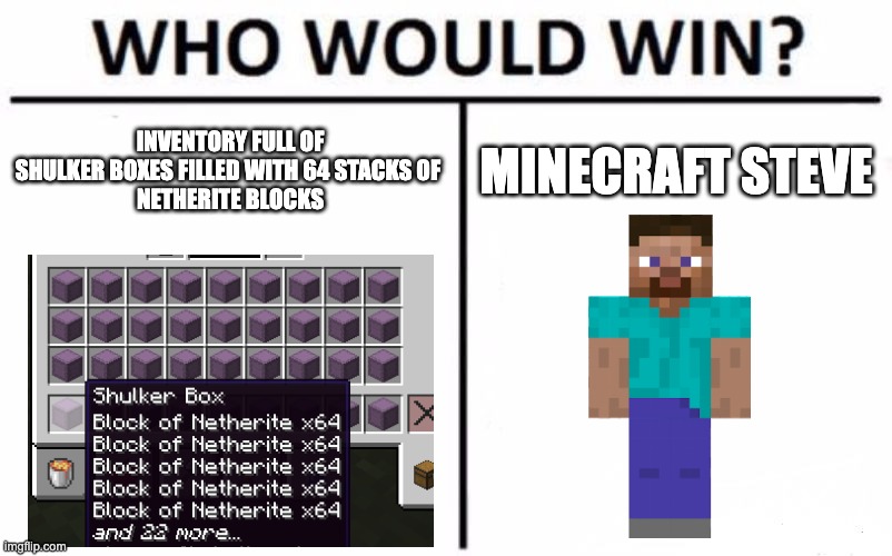 Minecraft logic. | INVENTORY FULL OF SHULKER BOXES FILLED WITH 64 STACKS OF 
NETHERITE BLOCKS; MINECRAFT STEVE | image tagged in memes,who would win | made w/ Imgflip meme maker