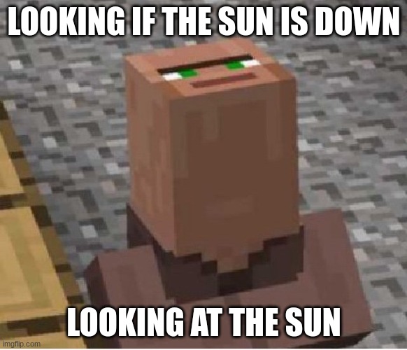 Minecraft Villager Looking Up | LOOKING IF THE SUN IS DOWN; LOOKING AT THE SUN | image tagged in minecraft villager looking up | made w/ Imgflip meme maker