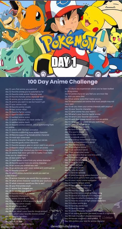 Day 1 | DAY 1 | image tagged in 100 day anime challenge,anime,pokemon | made w/ Imgflip meme maker