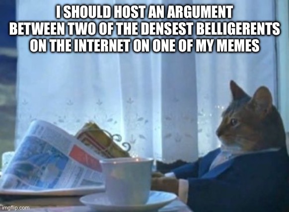 I Should Buy A Boat Cat Meme | I SHOULD HOST AN ARGUMENT BETWEEN TWO OF THE DENSEST BELLIGERENTS ON THE INTERNET ON ONE OF MY MEMES | image tagged in memes,i should buy a boat cat | made w/ Imgflip meme maker