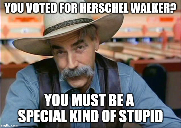 Herschel Walker Supporter is a Special Kind of Stupid | YOU VOTED FOR HERSCHEL WALKER? YOU MUST BE A 
SPECIAL KIND OF STUPID | image tagged in herschel walker,sam elliott,sam elliott cowboy,special kind of stupid,anti-right hypocrisy | made w/ Imgflip meme maker