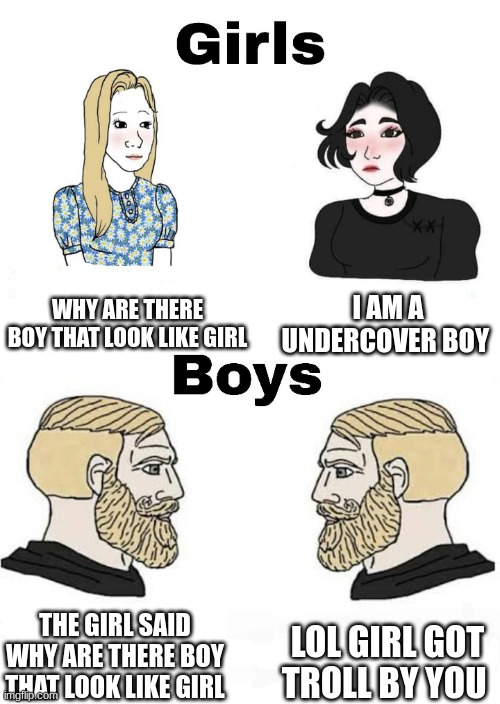 Girls vs Boys | WHY ARE THERE BOY THAT LOOK LIKE GIRL; I AM A UNDERCOVER BOY; LOL GIRL GOT TROLL BY YOU; THE GIRL SAID WHY ARE THERE BOY THAT LOOK LIKE GIRL | image tagged in girls vs boys | made w/ Imgflip meme maker