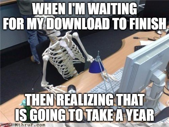 when you take a download that is going to take a year | WHEN I'M WAITING FOR MY DOWNLOAD TO FINISH; THEN REALIZING THAT IS GOING TO TAKE A YEAR | image tagged in waiting skeleton | made w/ Imgflip meme maker