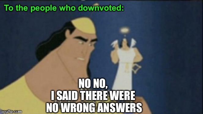 no no hes got a point | To the people who downvoted: NO NO, 
I SAID THERE WERE 
NO WRONG ANSWERS | image tagged in no no hes got a point | made w/ Imgflip meme maker