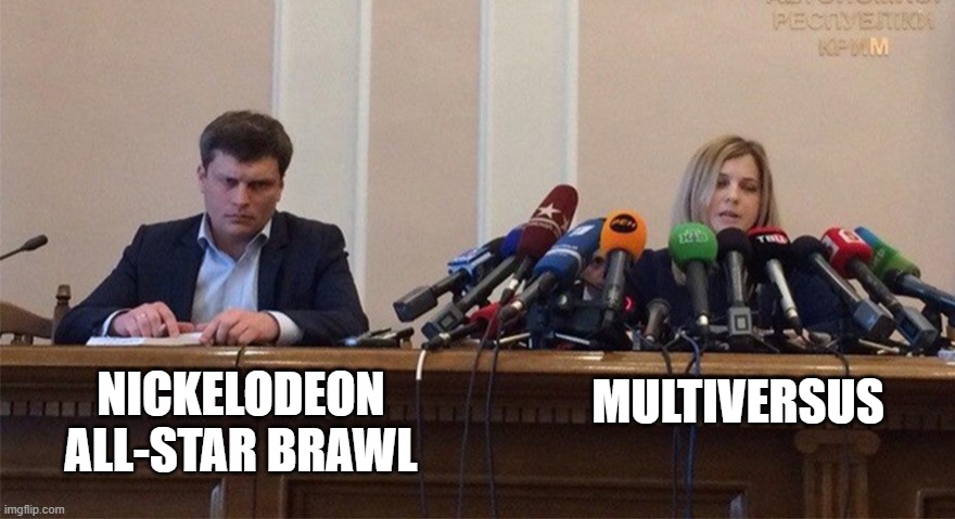 Nickelodeon All-Star Brawl is underrated | MULTIVERSUS; NICKELODEON ALL-STAR BRAWL | image tagged in man and woman microphone,nickelodeon,multiversus,video games | made w/ Imgflip meme maker