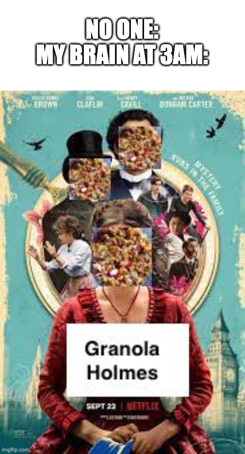 granola holmes lol | NO ONE:
MY BRAIN AT 3AM: | image tagged in fun | made w/ Imgflip meme maker