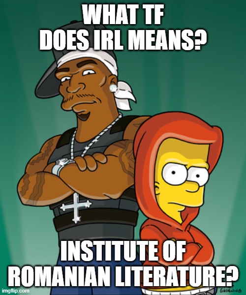 Bart Simpson and 50 Cent | WHAT TF DOES IRL MEANS? INSTITUTE OF ROMANIAN LITERATURE? | image tagged in bart simpson and 50 cent | made w/ Imgflip meme maker