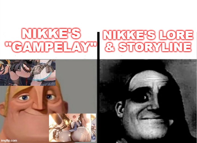 Nikke Goddes of Victory in a nutshell | NIKKE'S "GAMPELAY"; NIKKE'S LORE & STORYLINE | image tagged in teacher's copy | made w/ Imgflip meme maker