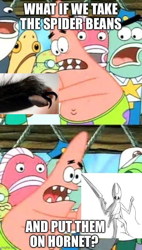 Help I’m obsessed with making Hornet anthro but scientifically more accurate | WHAT IF WE TAKE THE SPIDER BEANS; AND PUT THEM ON HORNET? | image tagged in memes,put it somewhere else patrick,hollow knight | made w/ Imgflip meme maker