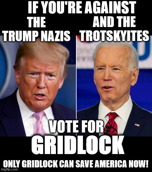 gridlock for America | IF YOU'RE AGAINST; THE TRUMP NAZIS; AND THE TROTSKYITES; VOTE FOR; GRIDLOCK; ONLY GRIDLOCK CAN SAVE AMERICA NOW! | image tagged in donald trump and joe biden | made w/ Imgflip meme maker